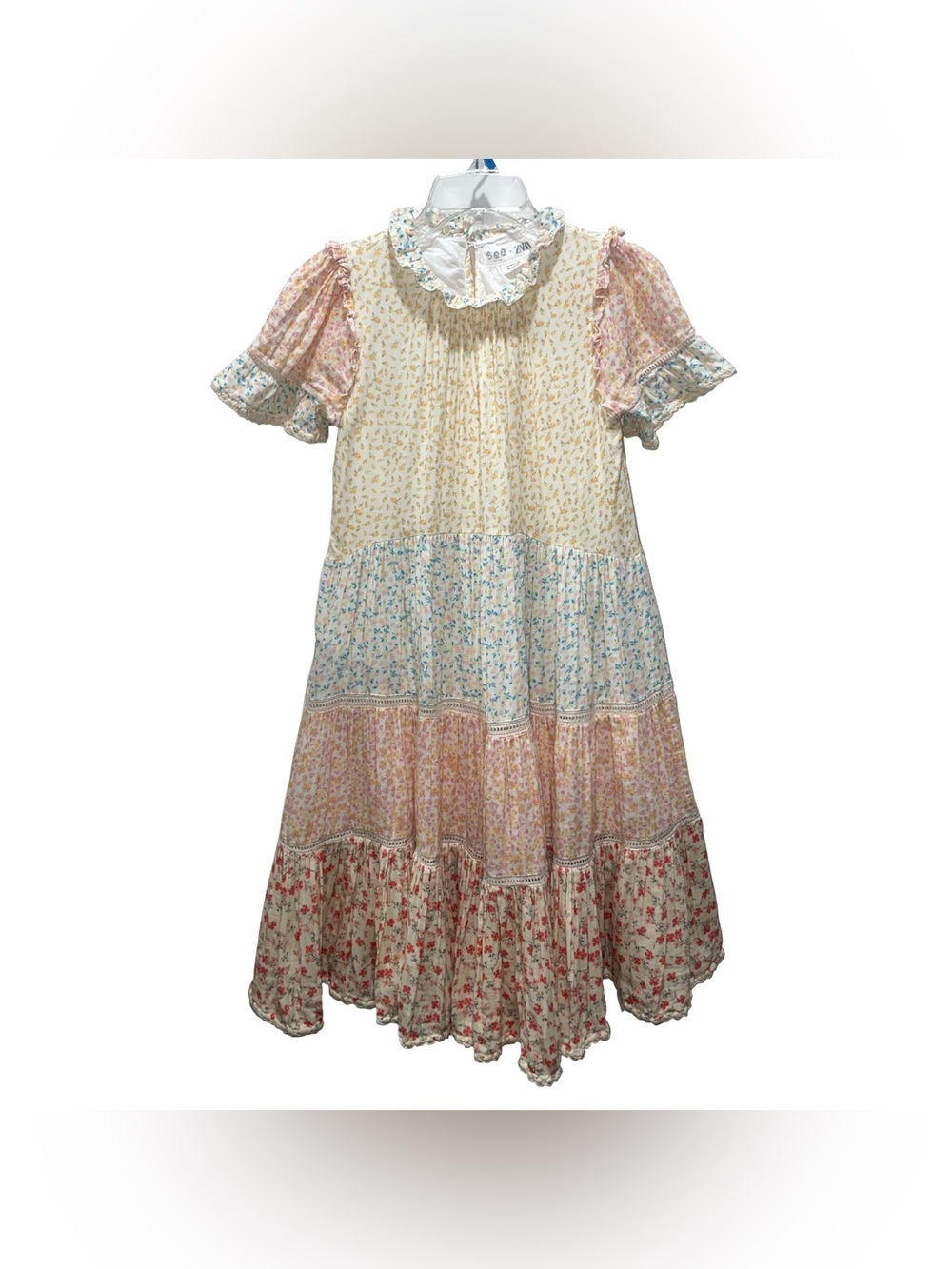 Tiered Dress Girl 13-14 Multicolor Pastel Floral Lace Sundress Cottage Prairie